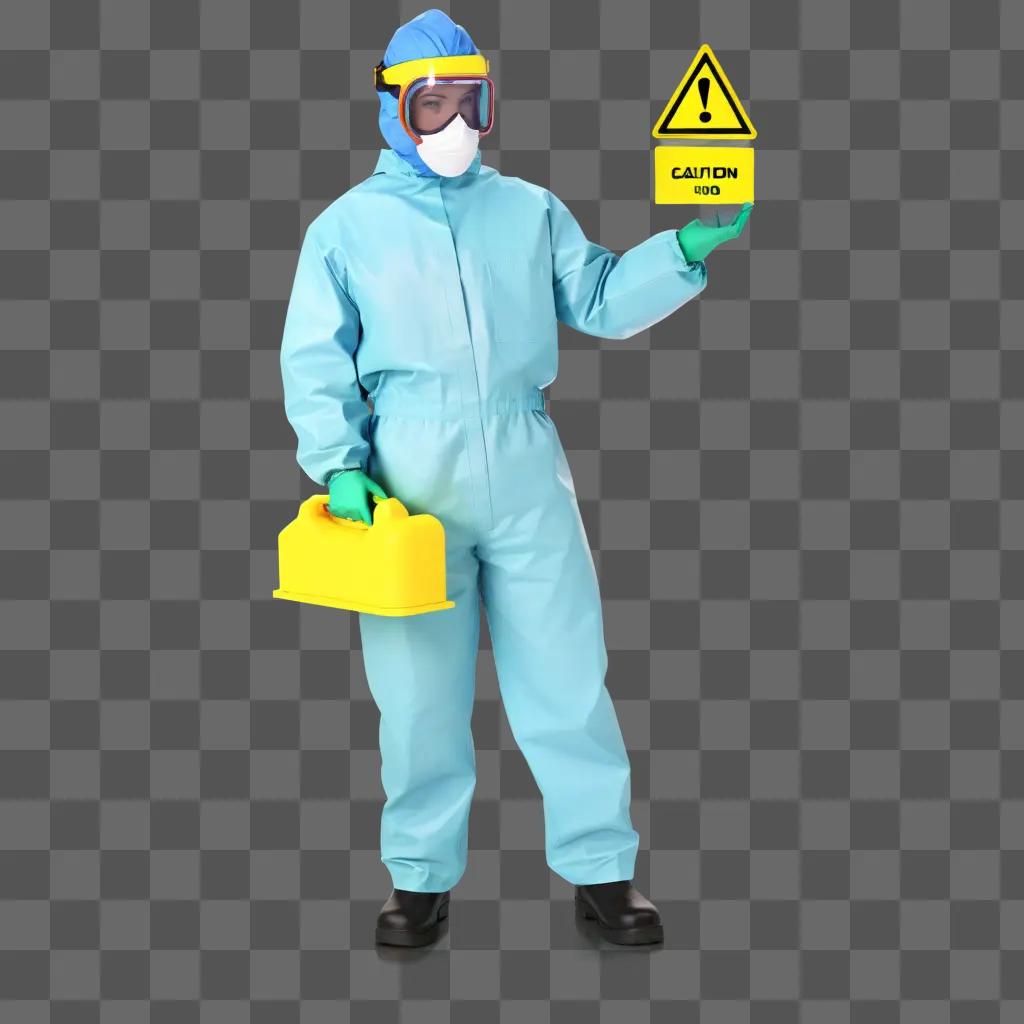 person in a blue suit and goggles holds a yellow container with a caution sign on it