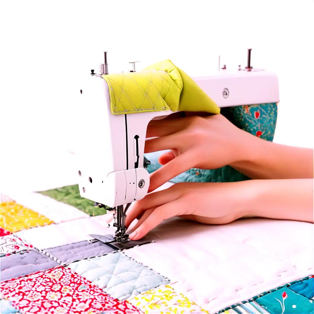 person sewing a quilt with a sewing machine