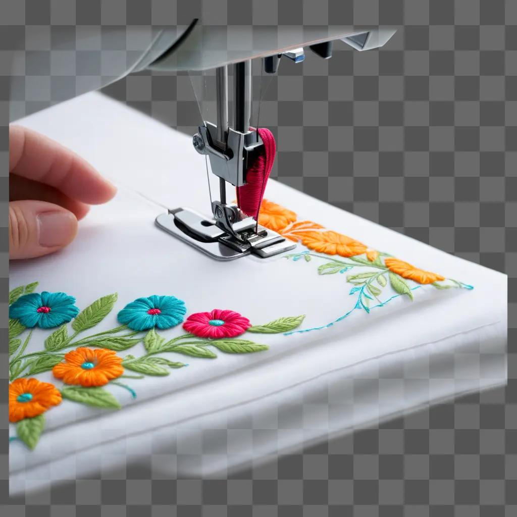 person sewing flowers on a white fabric