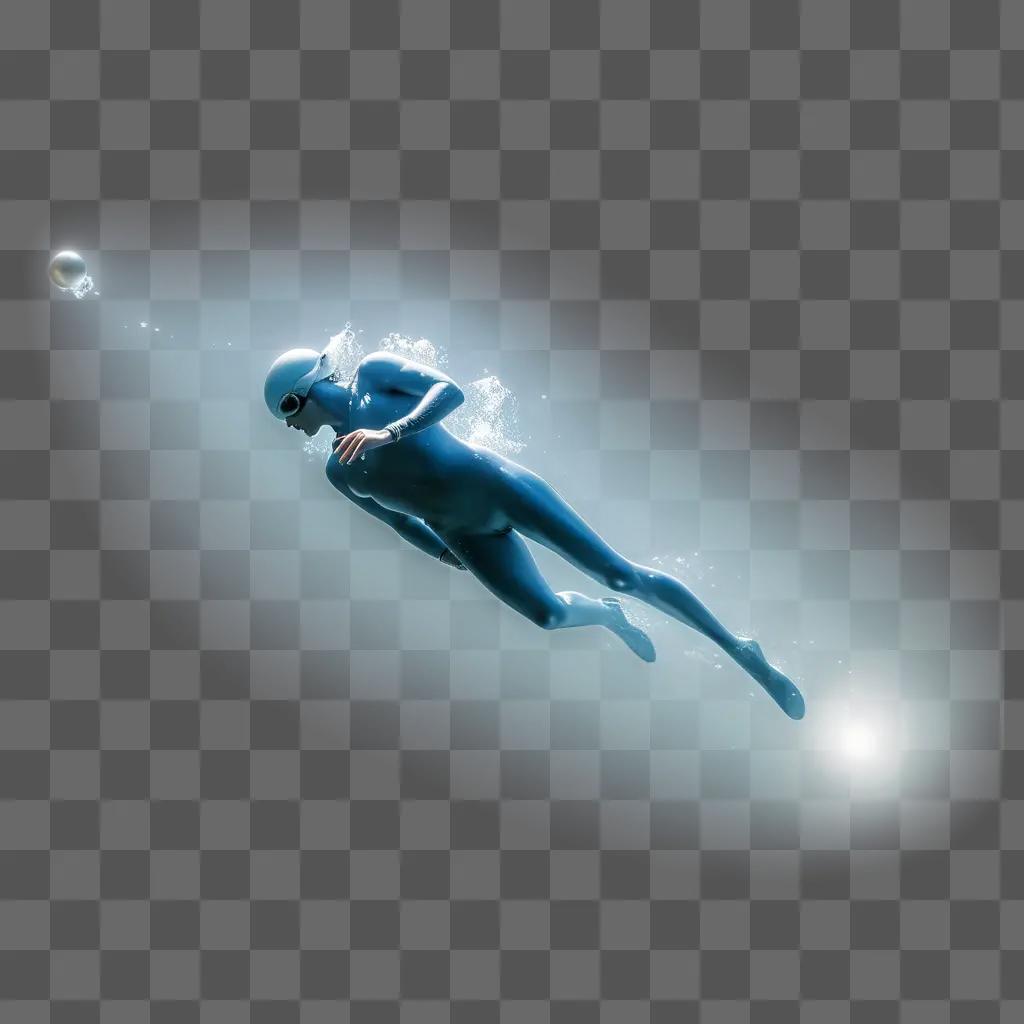 person wearing a blue suit is diving underwater and capturing a pearl