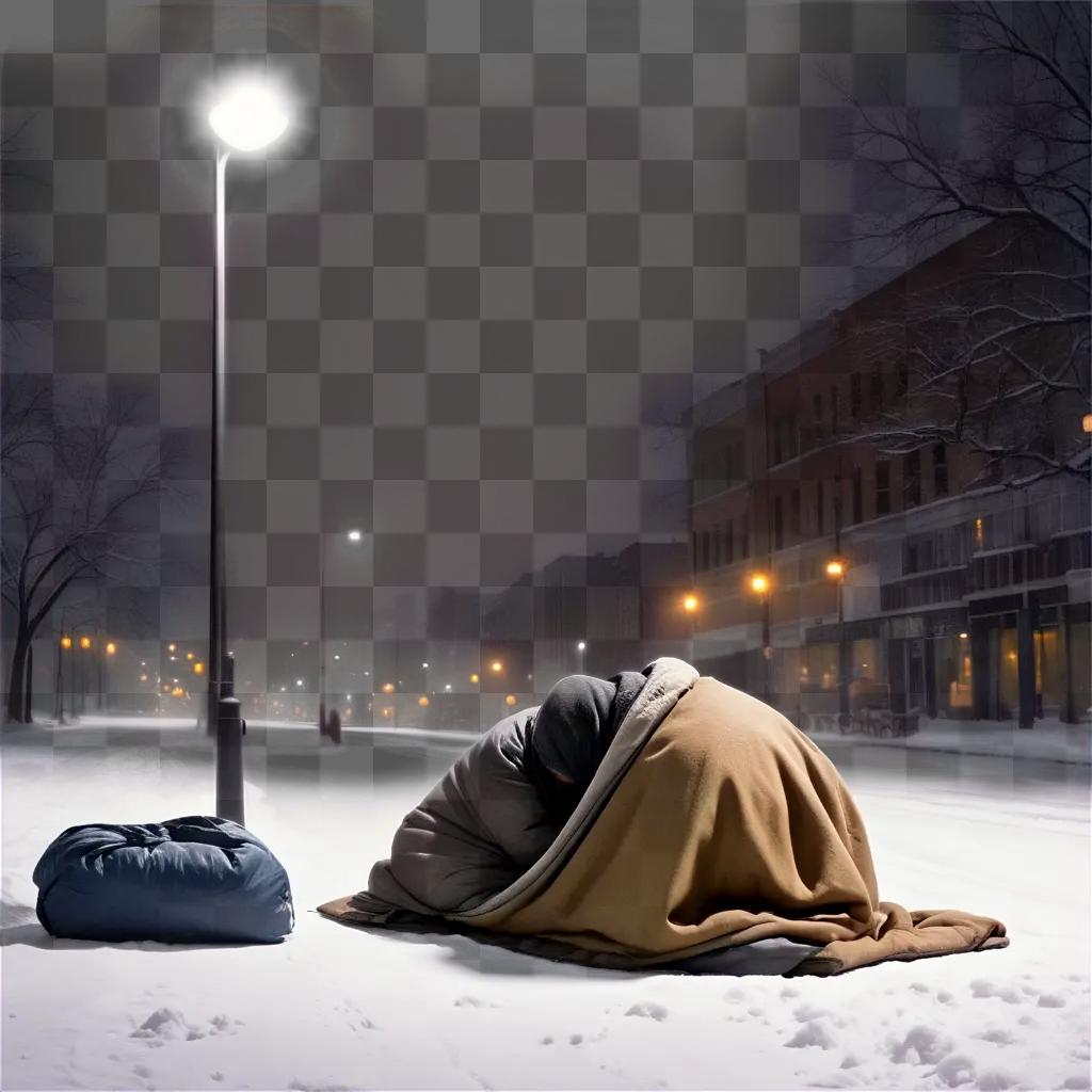 person with a blanket sleeping in the snow