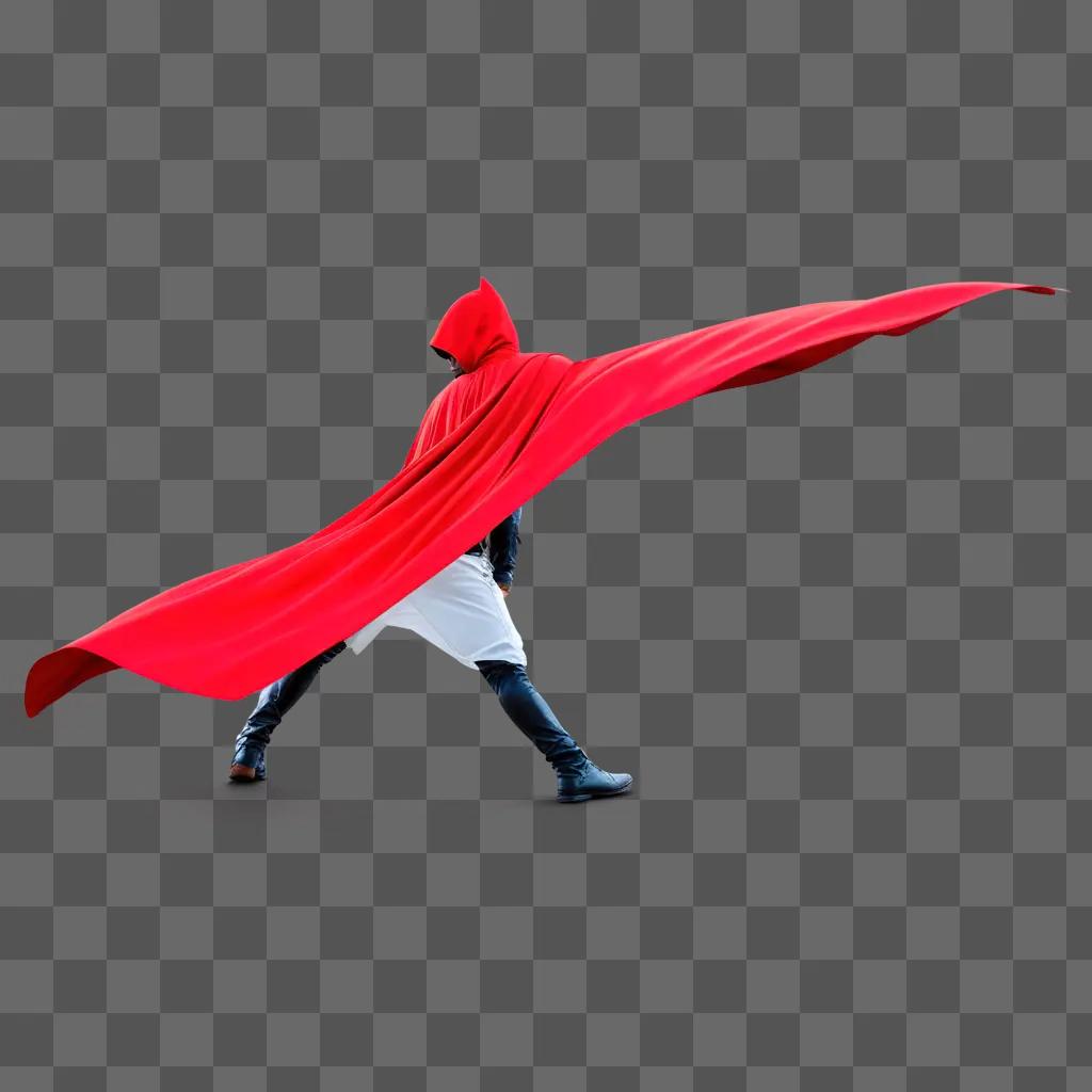 person with a red cape walking on a red background