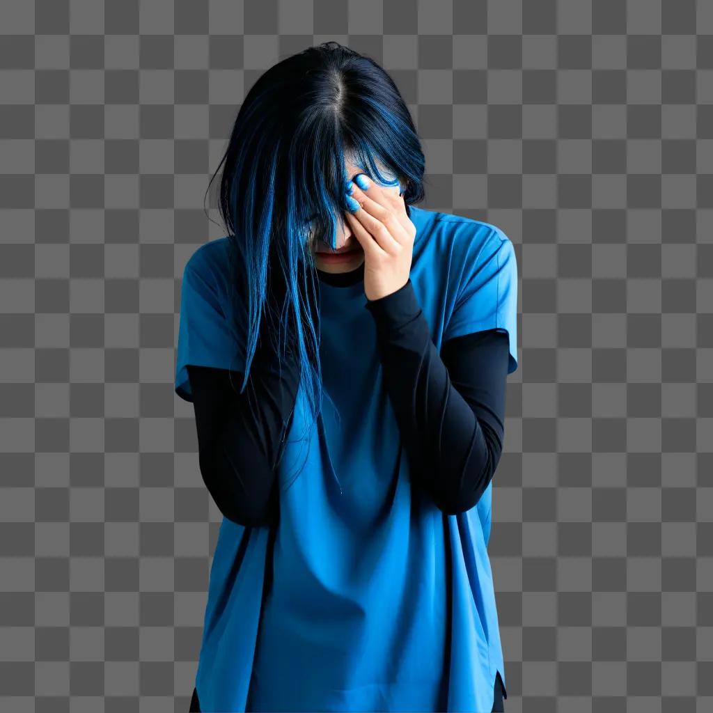 person with blue hair cries