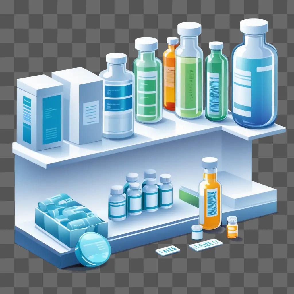 pharmacy shelf filled with medicine bottles and boxes