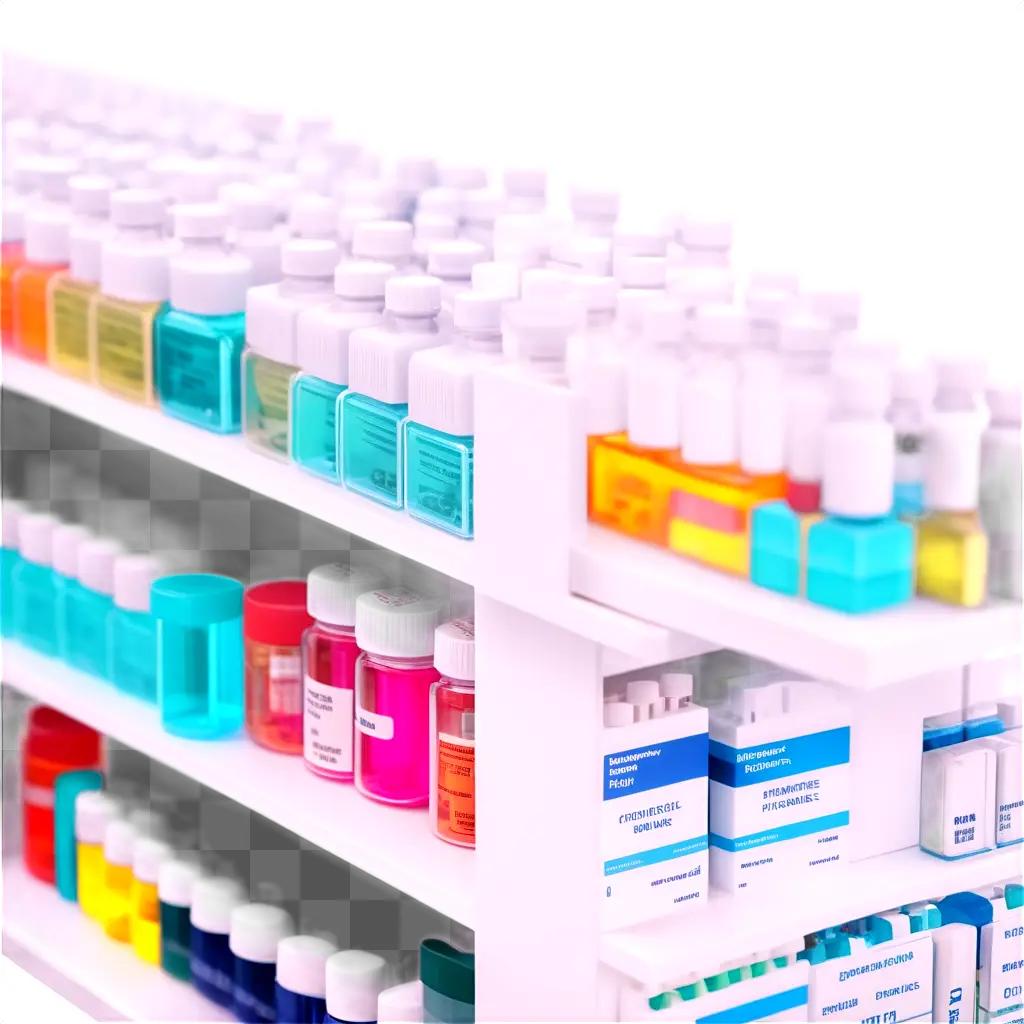 pharmacy shelf with bottles of various colors