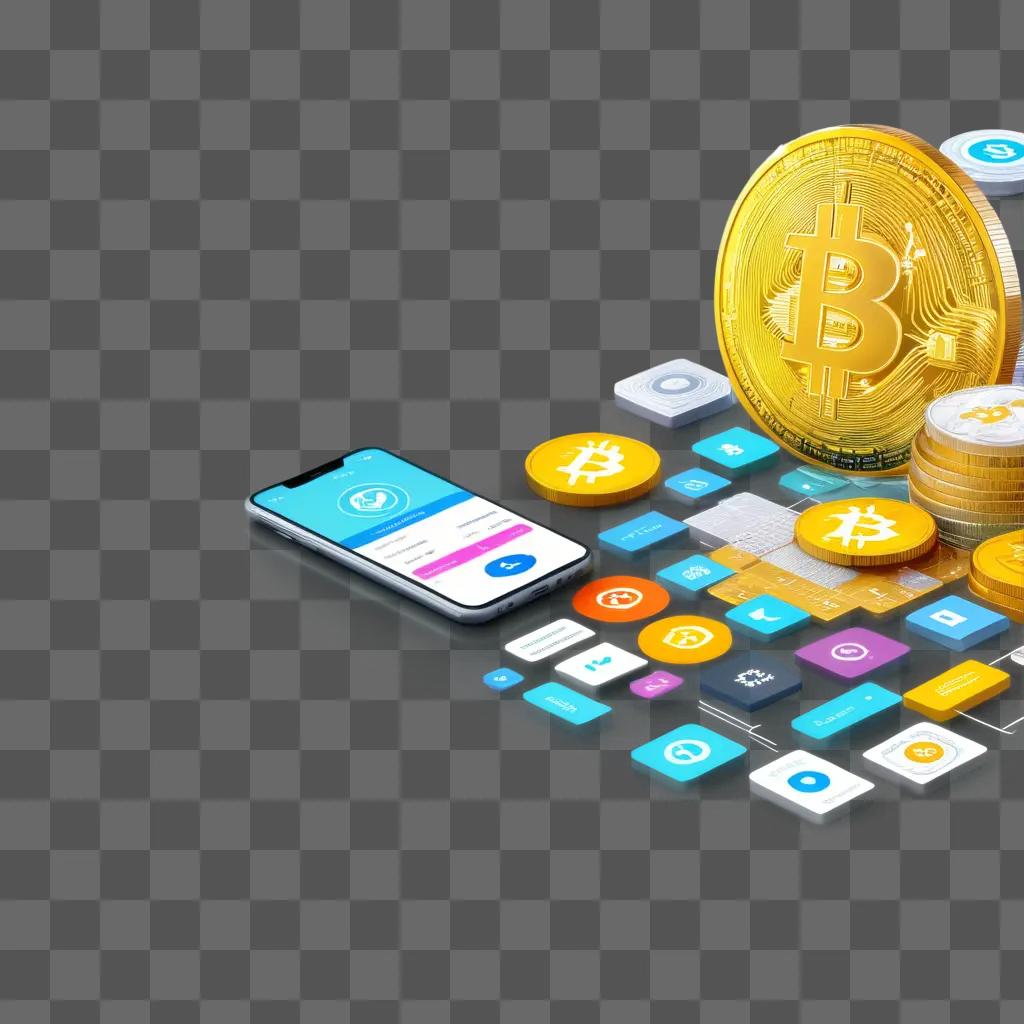 phone with a Bitcoin app, a stack of coins, and a virtual keyboard