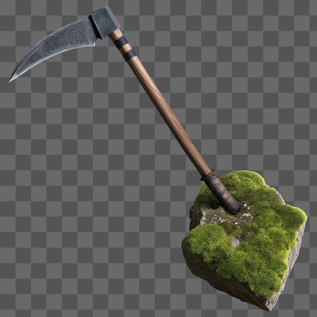 pick axe is resting on a mossy rock