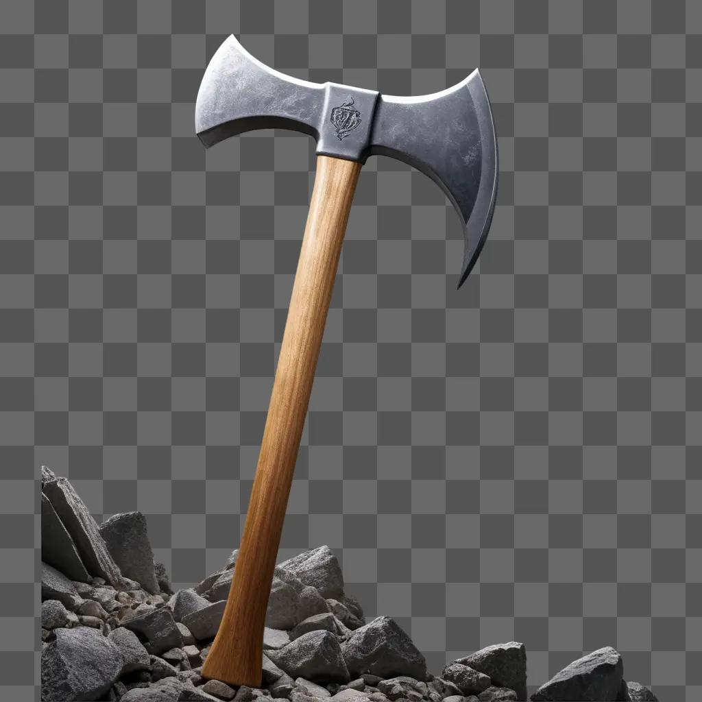 pick axe is sitting on a pile of rocks