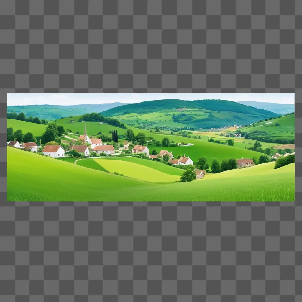 picturesque green countryside with a white church in the distance