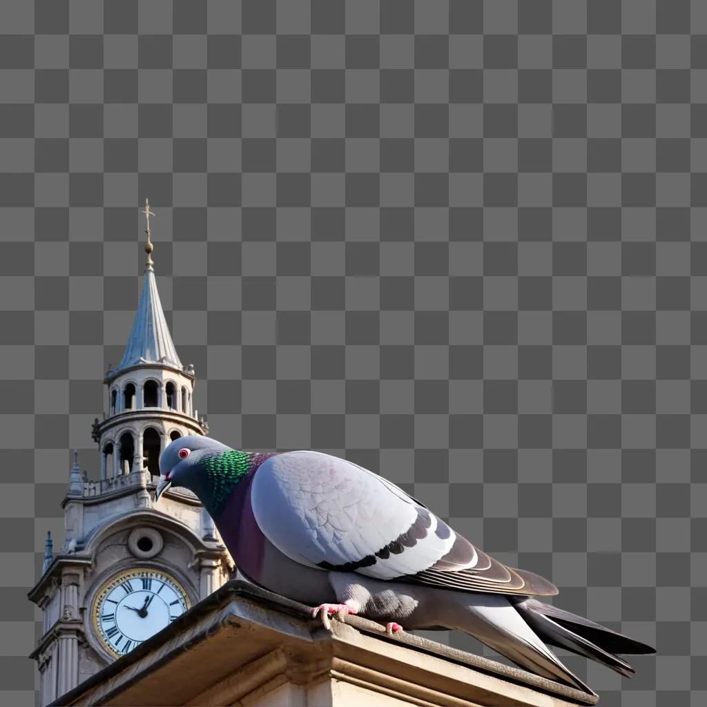 pigeon perches on a building, with a clock tower in the background