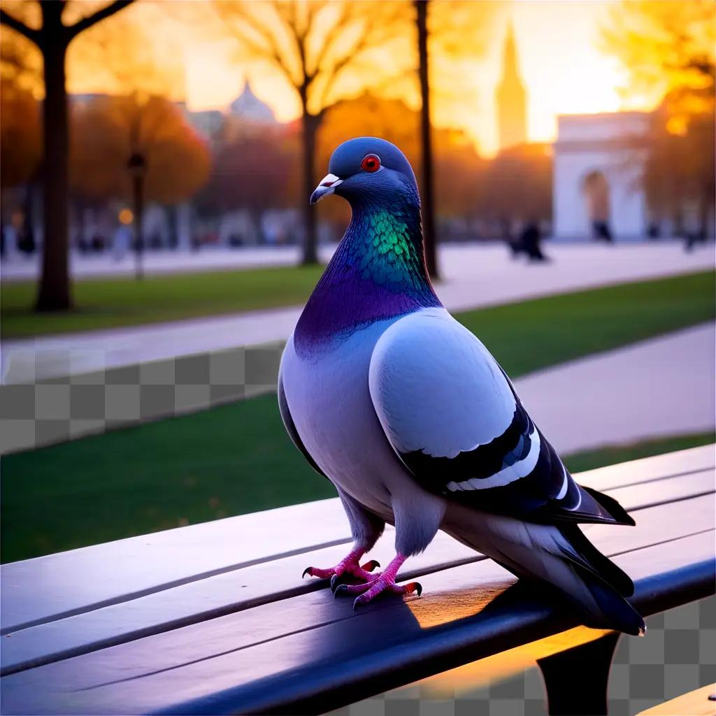 pigeon perches on a park bench