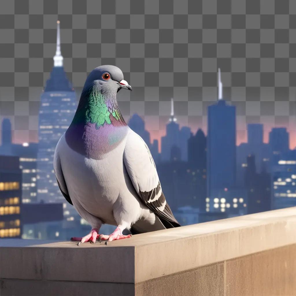 pigeon sits on a ledge in front of a cityscape