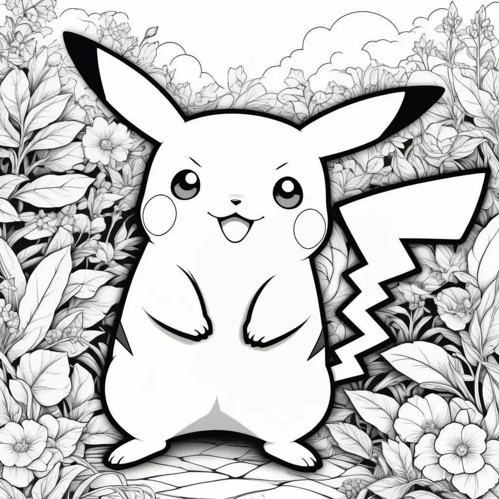 pikachu coloring page featuring a smiling pikachu and colorful flowers