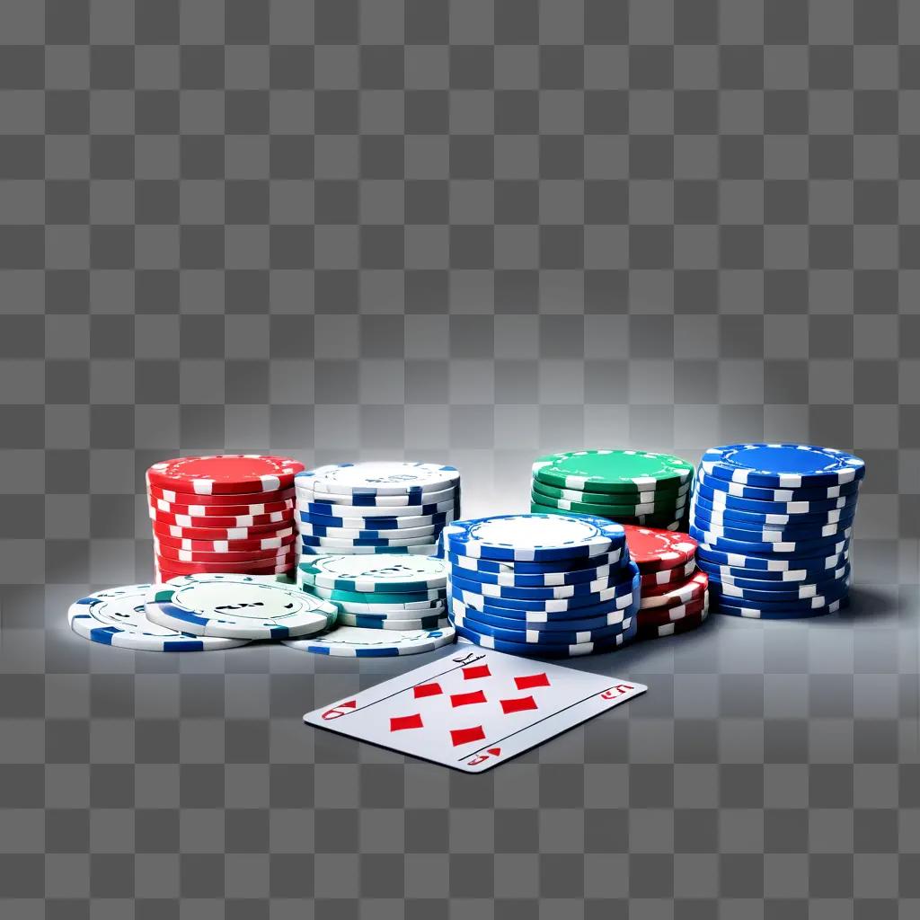 pile of poker chips and a playing card on a table