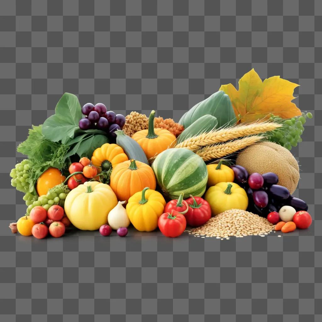 pile of various fruits and vegetables, including pumpkins, tomatoes, and grapes