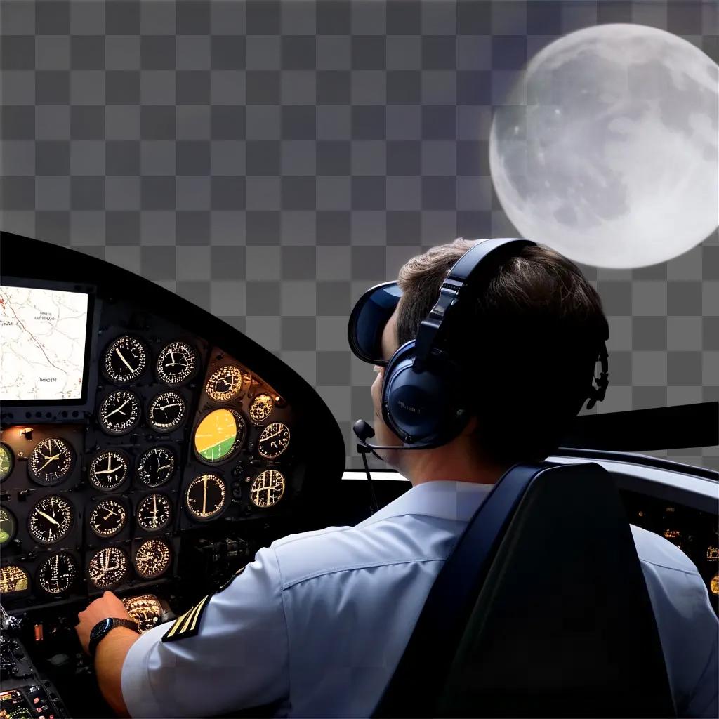 pilot wearing a headset is flying a plane