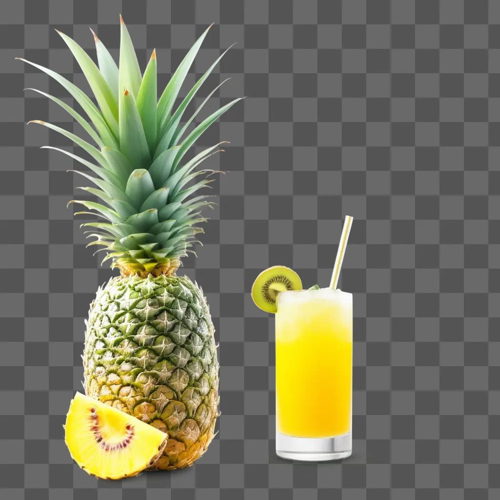 pineapple, kiwi and drink on a green background