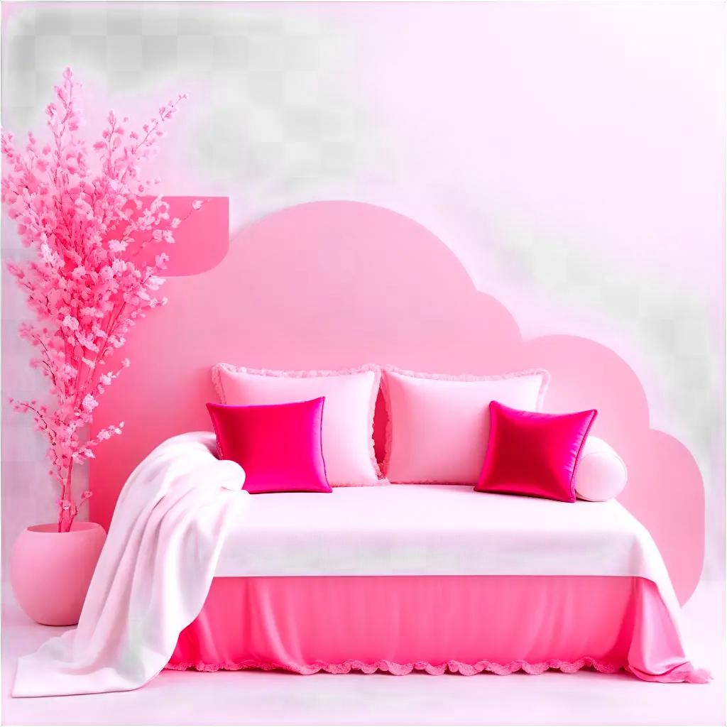 pink aesthetic bedroom with a pink bed and pink flowers