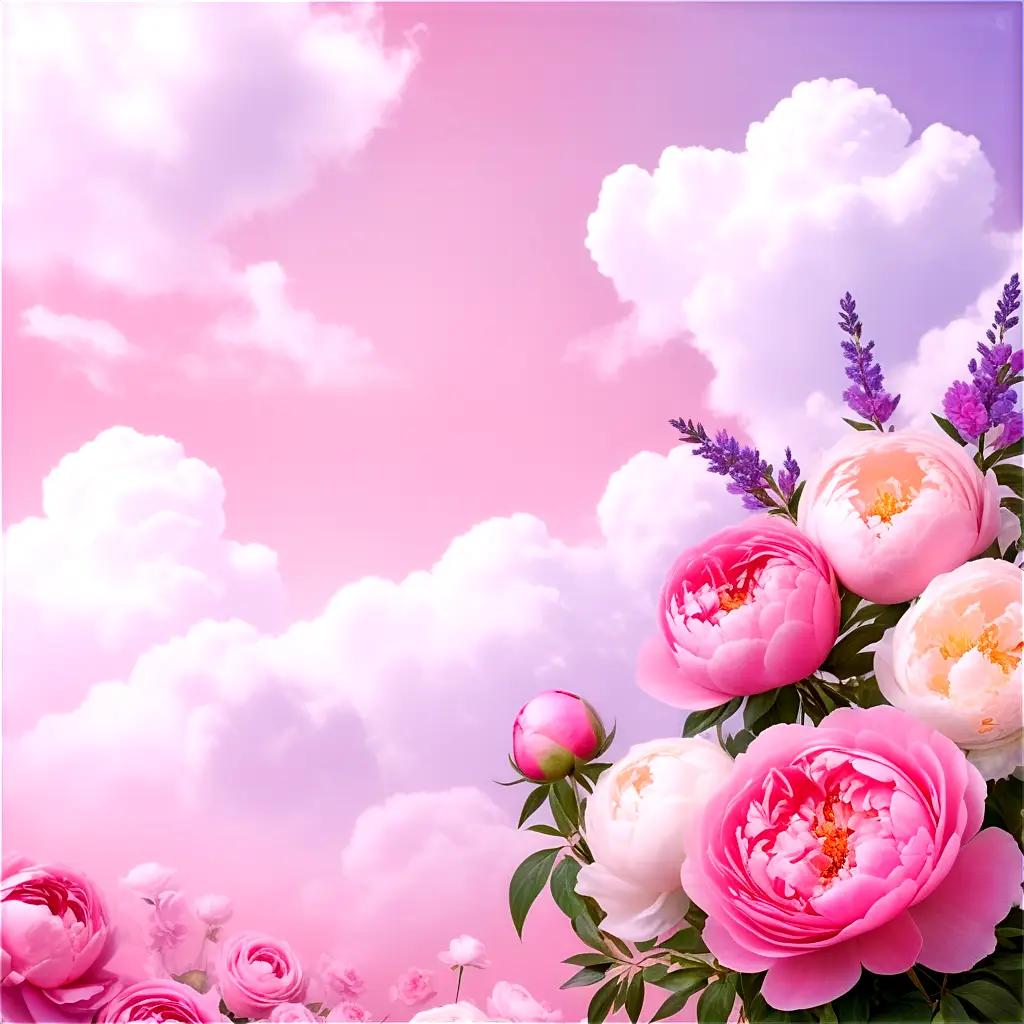 pink and white flower arrangement in a blue sky