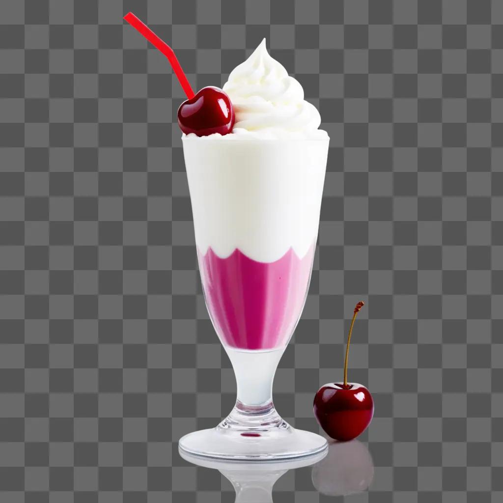 pink and white milkshake with cherry on the side