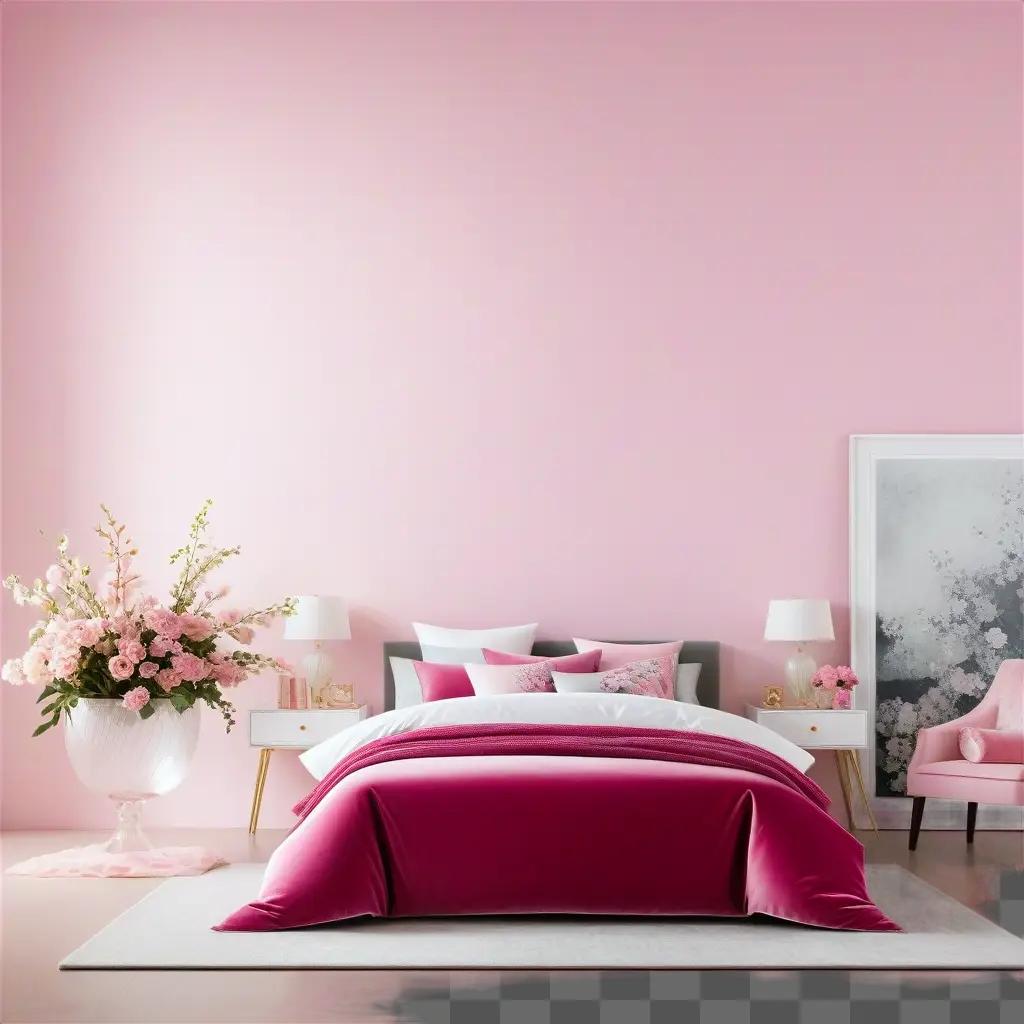 pink bedroom with a plush bed and pink accents