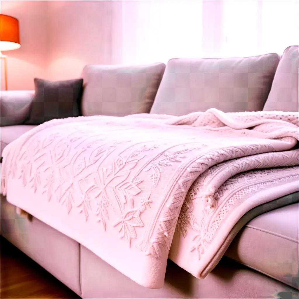 ソファの上にはピンクの毛布が置かれています