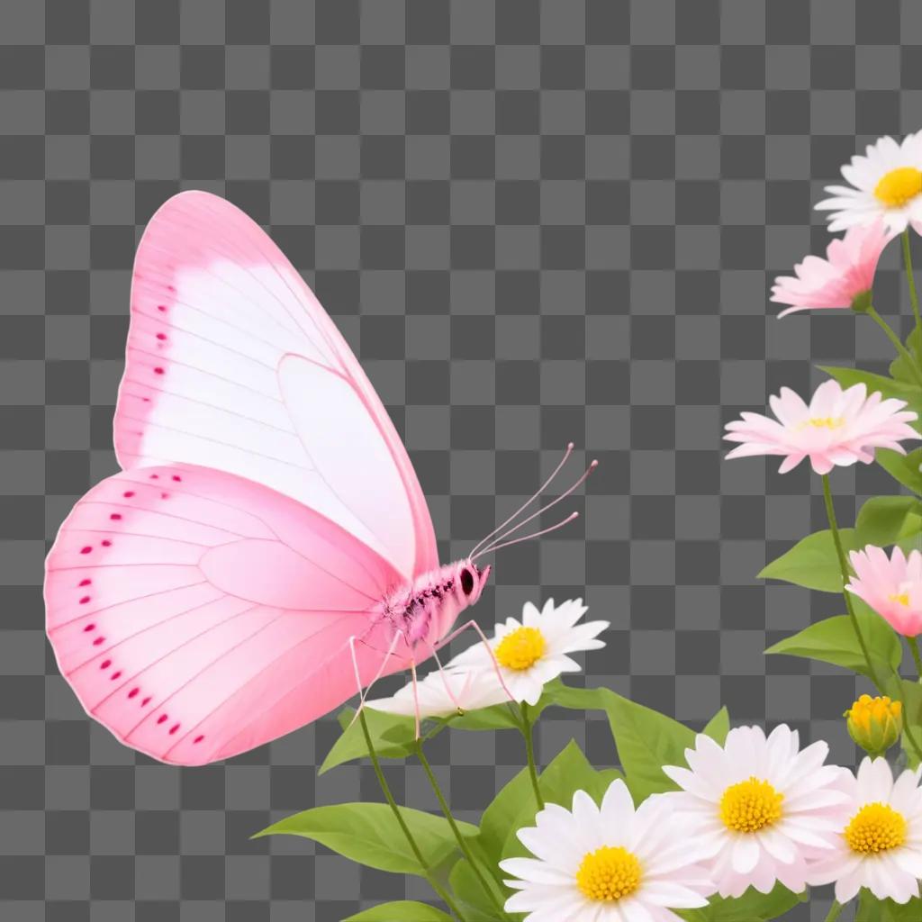 pink butterfly sits among flowers on a pink background