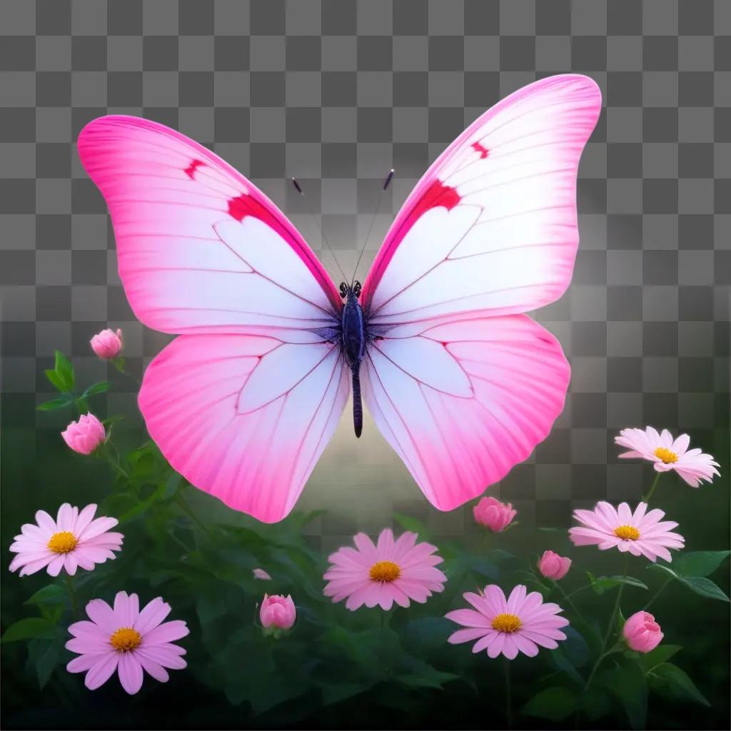 pink butterfly with white spots flies amidst pink flowers