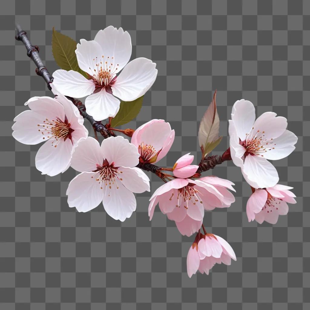 pink cherry blossom branch with white flowers