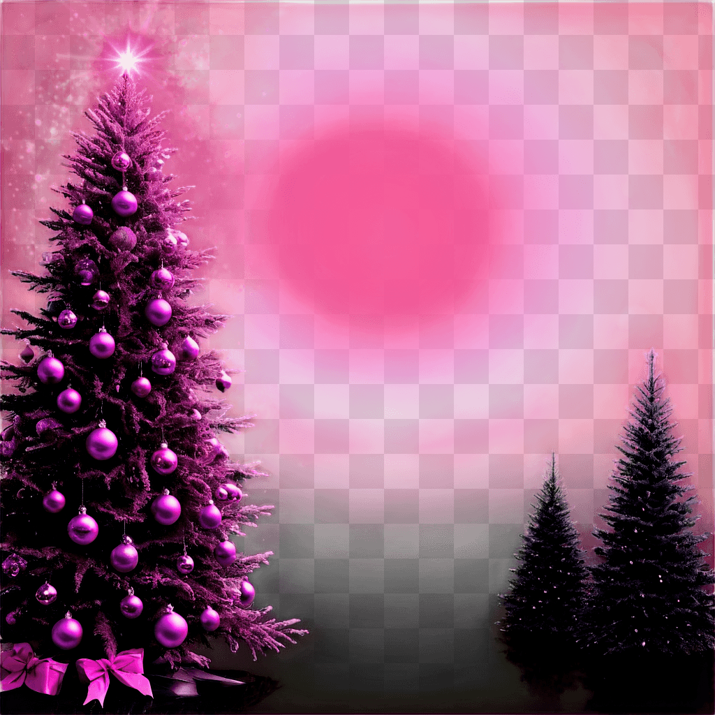 pink christmas background A Christmas tree with purple ornaments against a pink sky