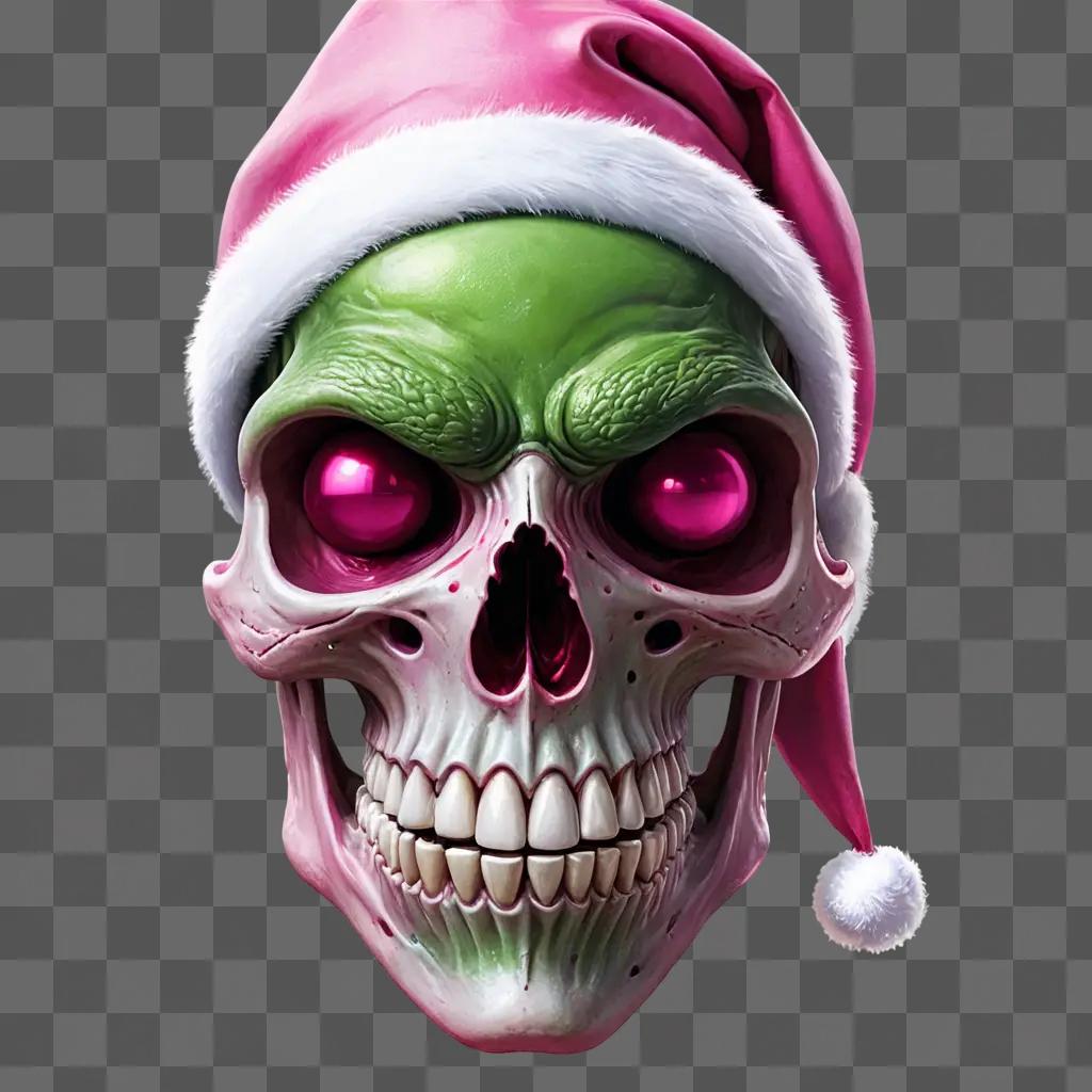 pink christmas background A green skull wearing a Christmas hat