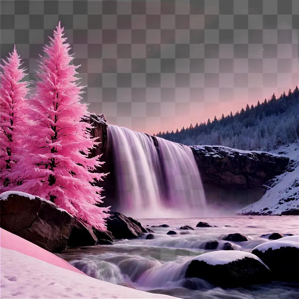 pink christmas background A pink tree stands by a snowy waterfall