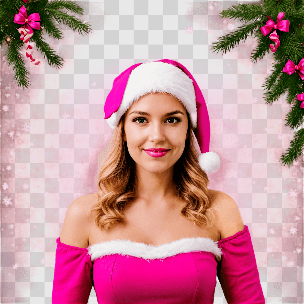 pink christmas background A pretty girl in a Santa hat and pink dress