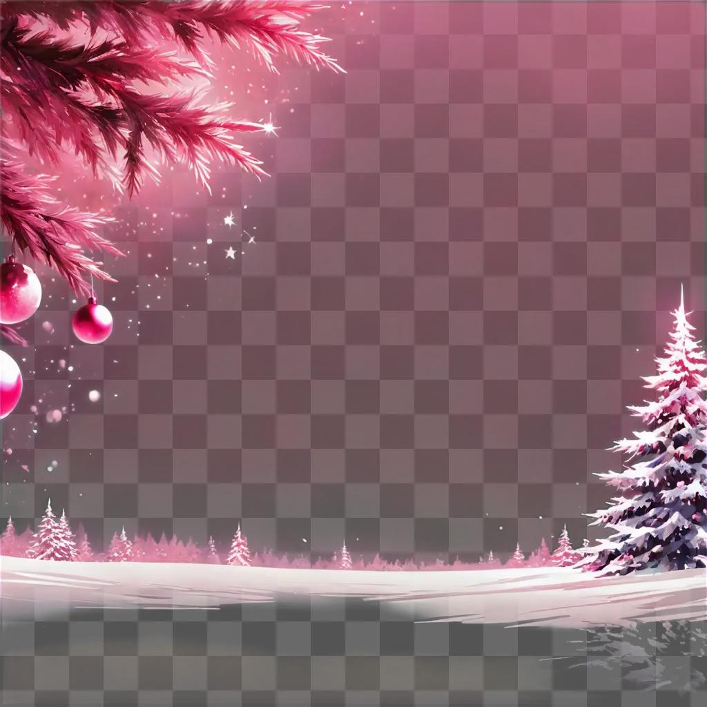 pink christmas background Christmas trees and snow against a pink sky