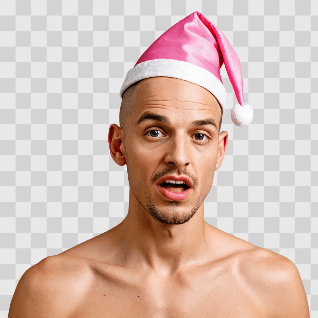 pink christmas background Man with no shirt in pink santa hat