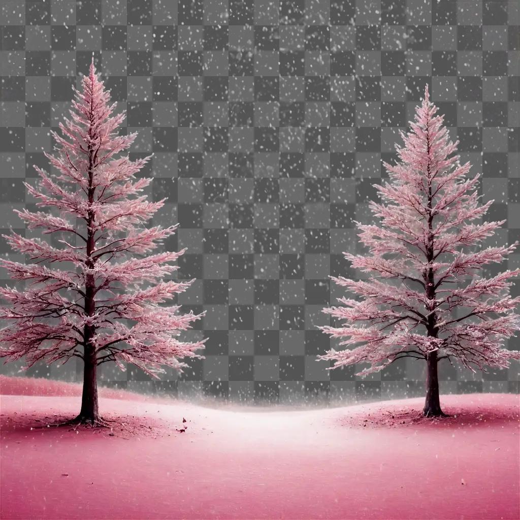 pink christmas background Two trees stand in the snow on a pink background