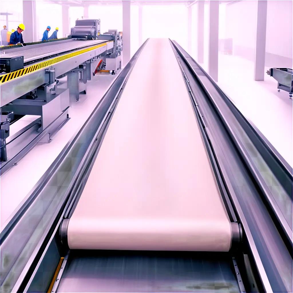 pink conveyor belt is in a factory