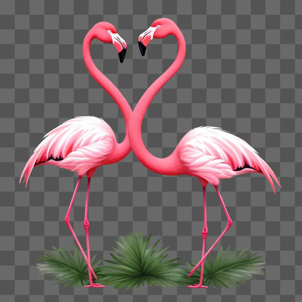 ハート型の2羽のフラミンゴのピンクの絵