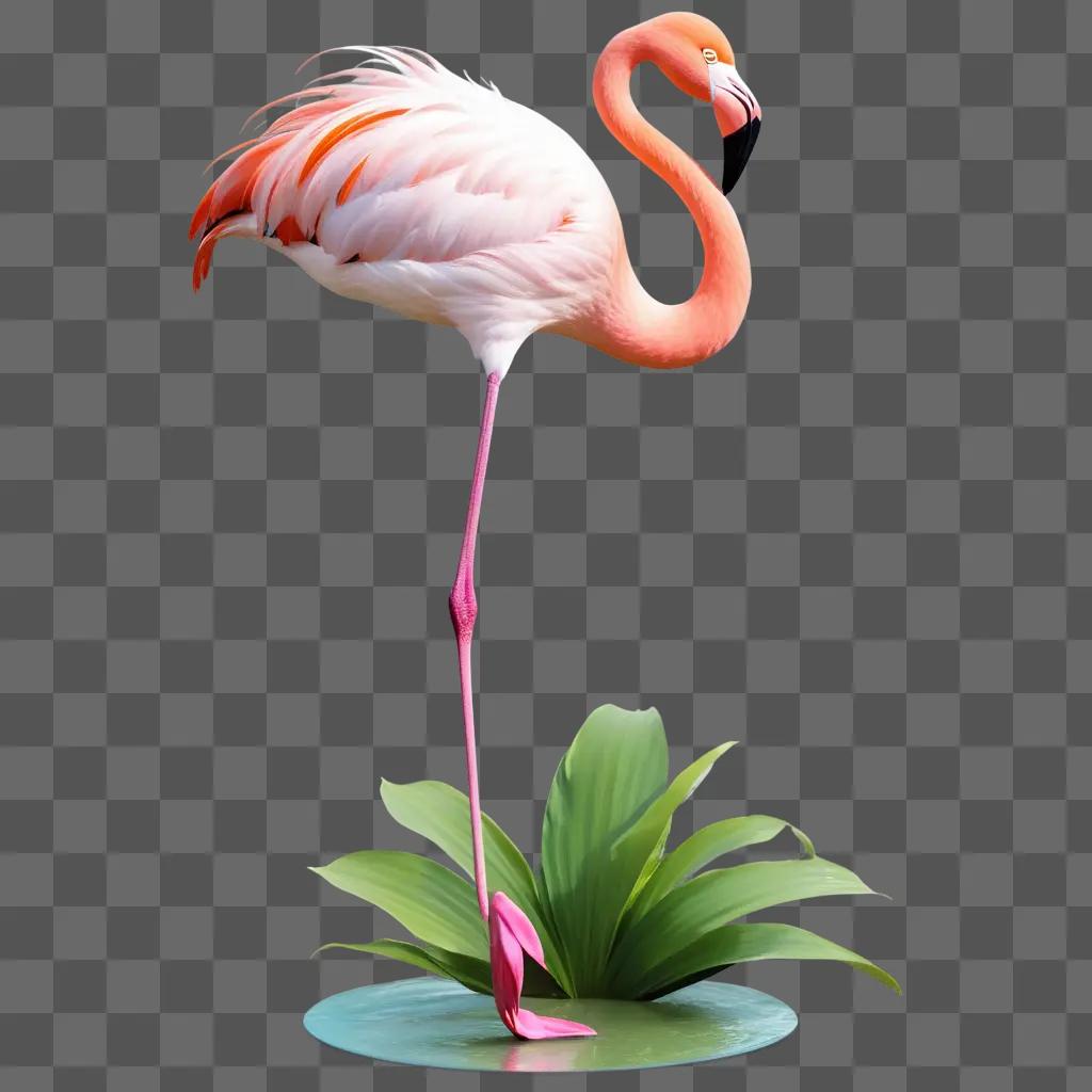 pink flamingo standing on a green plant