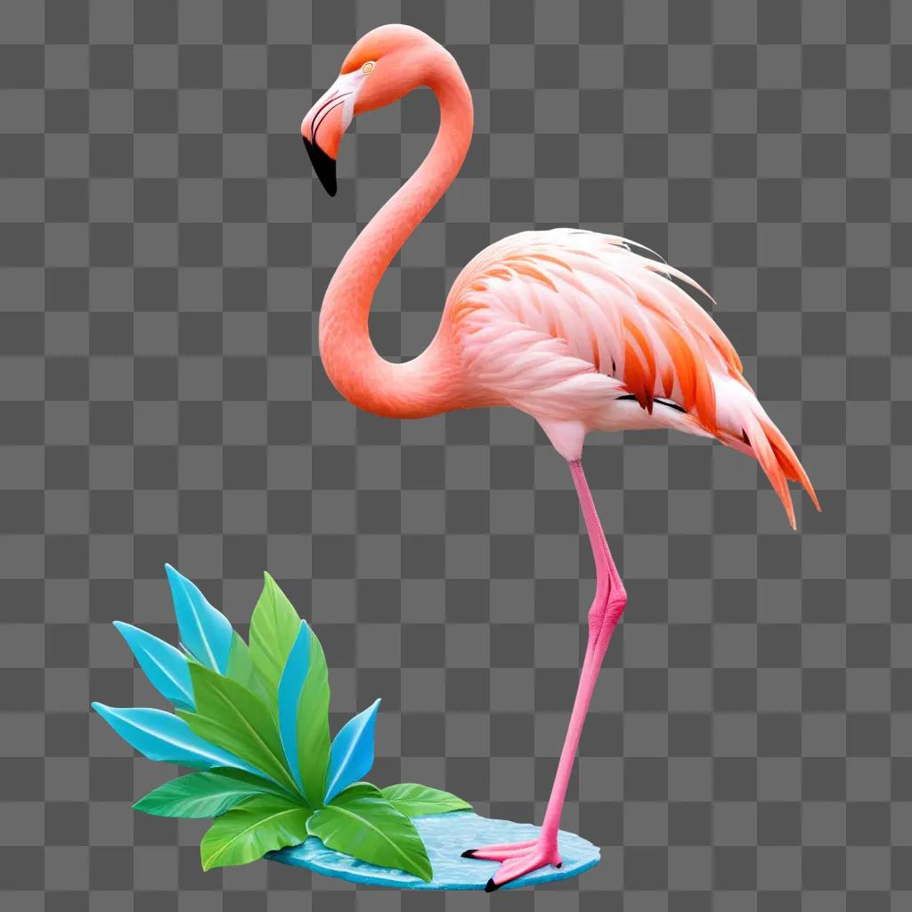 pink flamingo stands in front of a blue background