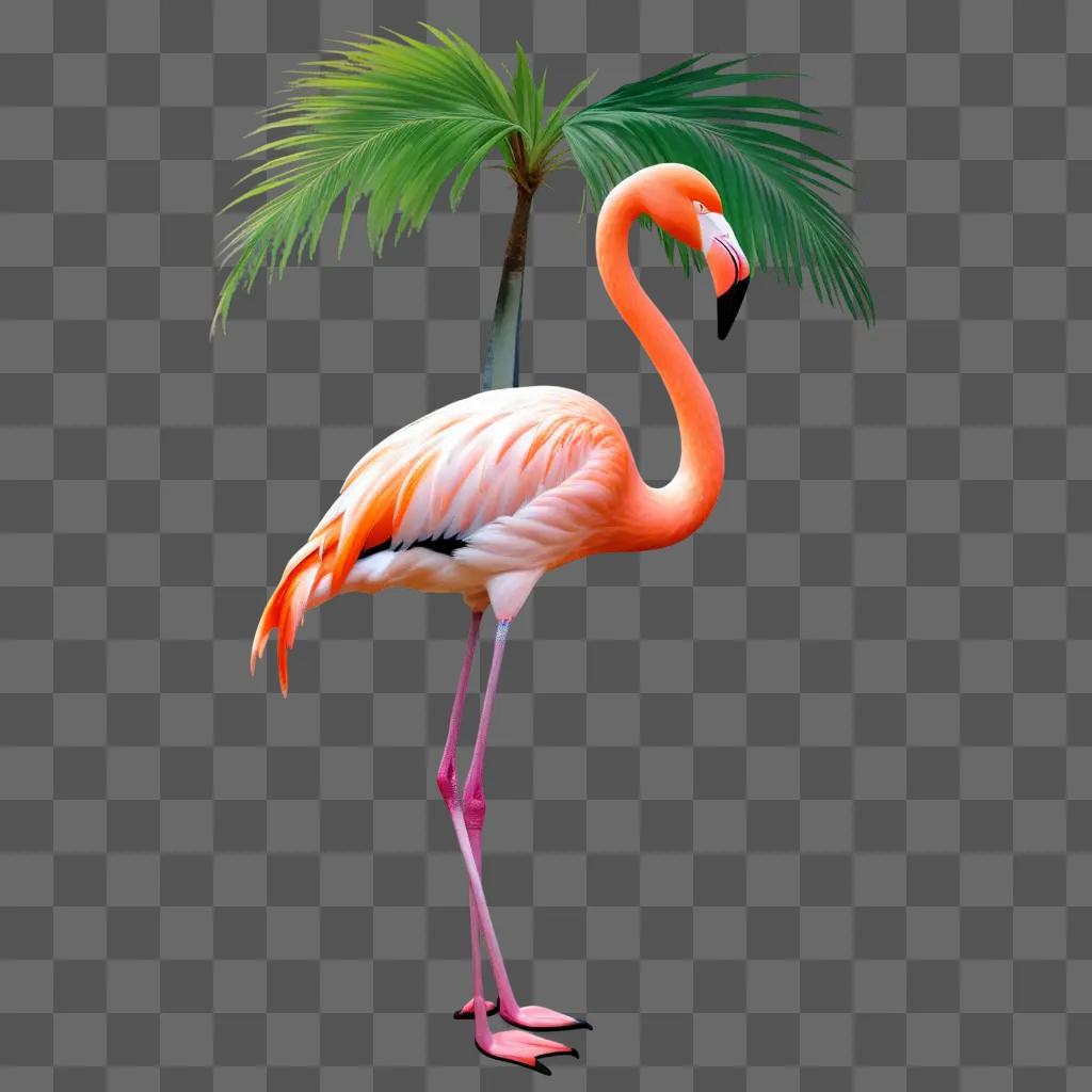 pink flamingo stands next to a palm tree