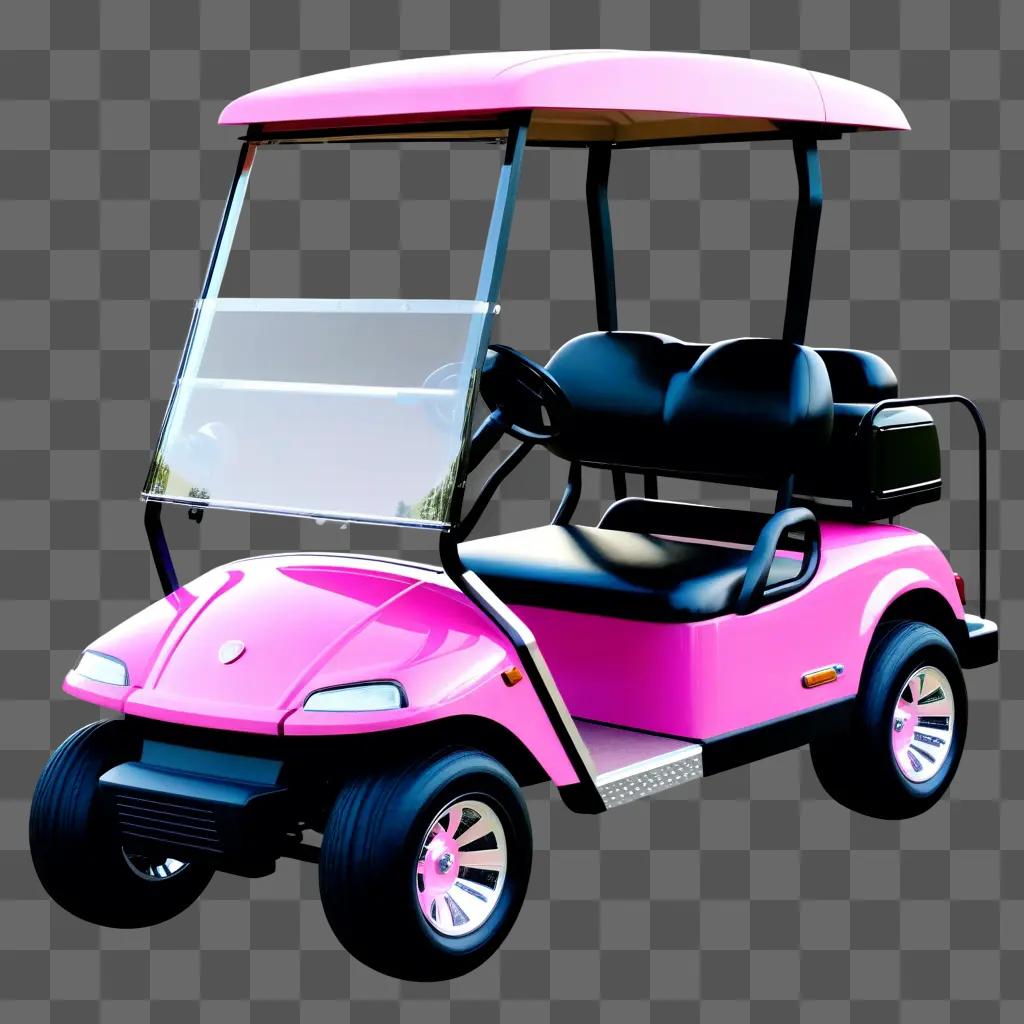 pink golf cart is parked on the road