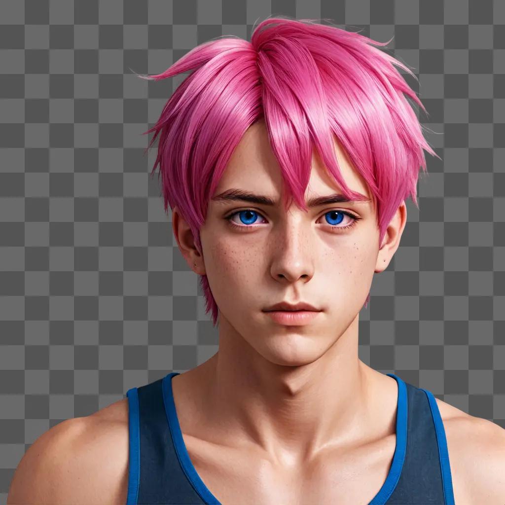 pink hair anime boy A cartoon male with blue eyes and pink hair