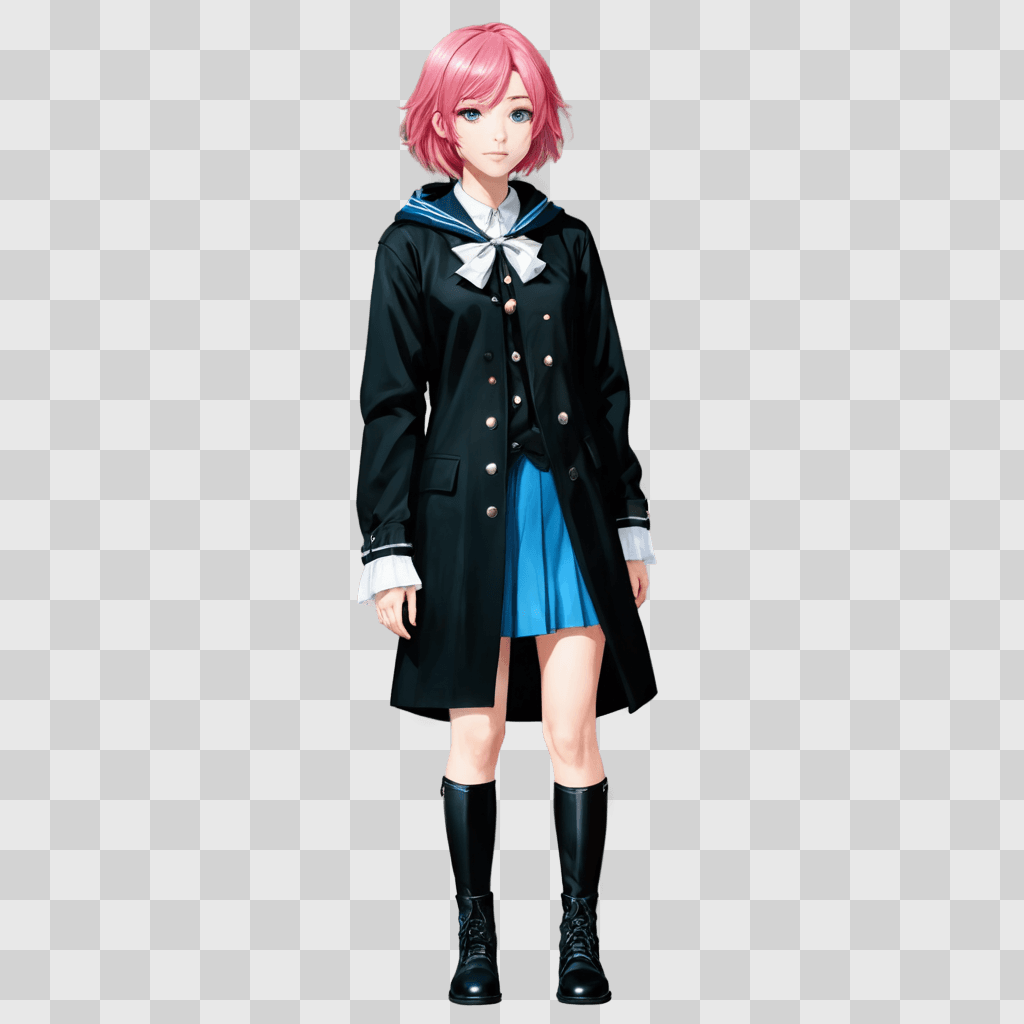 pink hair anime boy A girl in a navy jacket and blue skirt