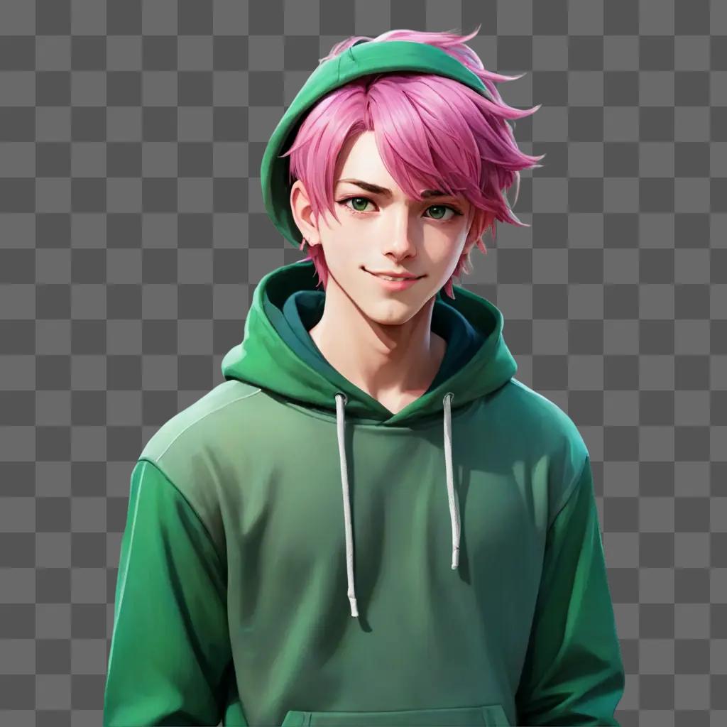 pink hair anime boy A green-haired boy in a hoodie