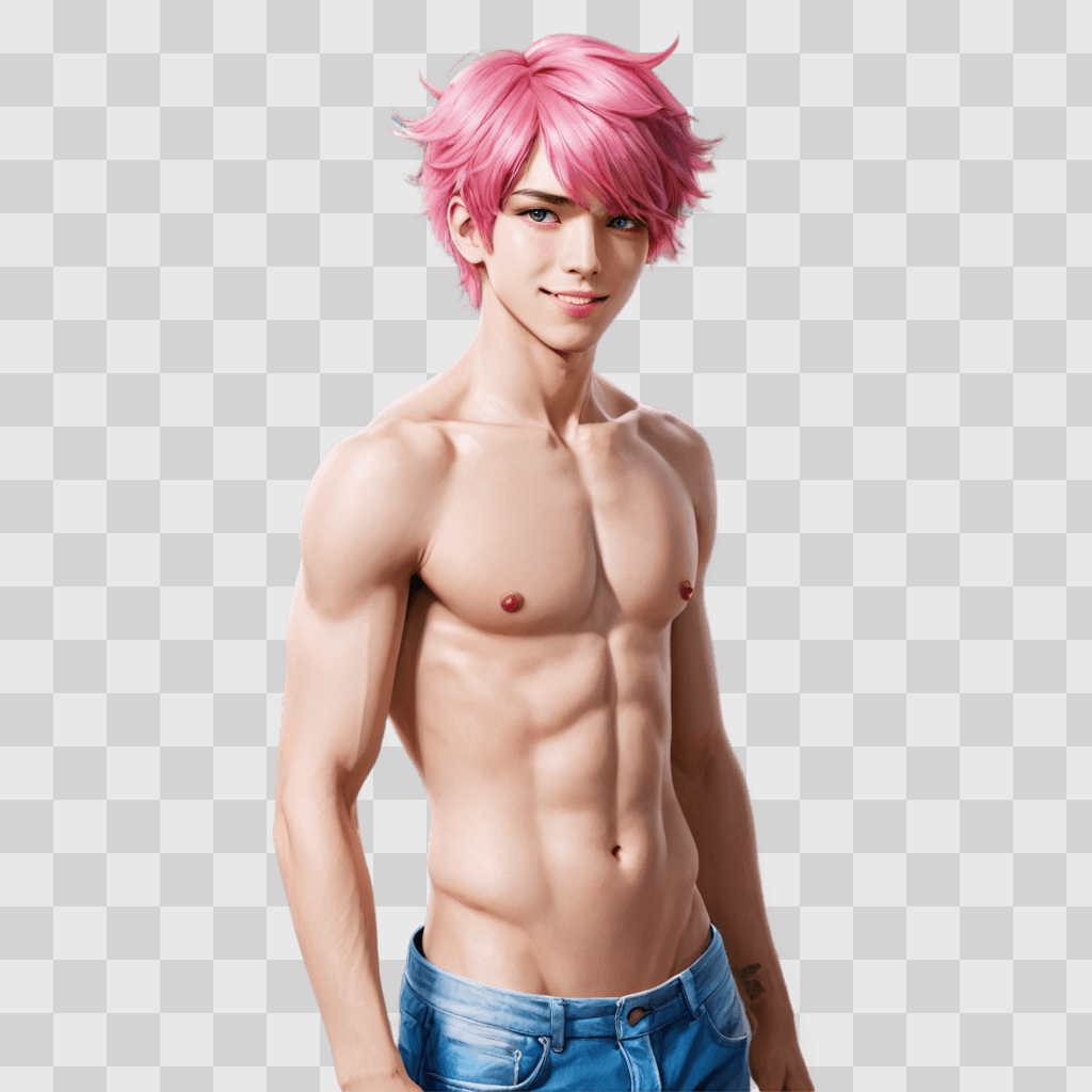 pink hair anime boy A shirtless man with pink hair and blue jeans