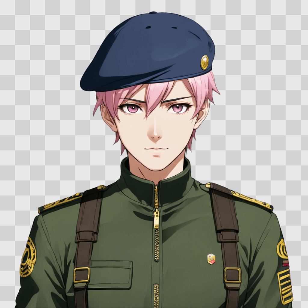 pink hair anime boy A soldier with a pinkish-red hair color