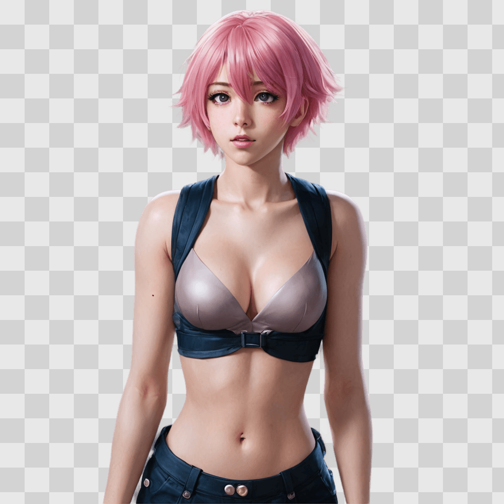 pink hair anime boy A woman in a bikini with a pink wig