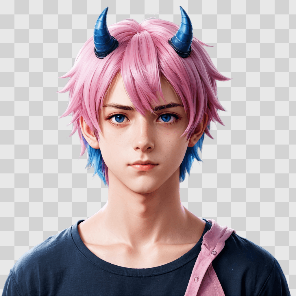 pink hair anime boy A young man with blue horns and a pink wig