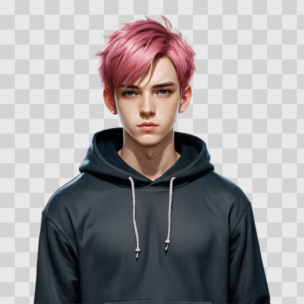 pink hair anime boy A young man with pink hair and a hoodie